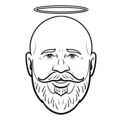 bald man and beard with halo. outline, comic, avatar, monochrome.