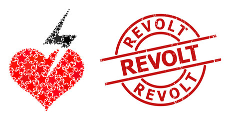 Heart strike star mosaic and grunge Revolt seal. Red seal with grunge style and Revolt caption inside circle. Abstract heart strike concept is created with scattered flat star elements.