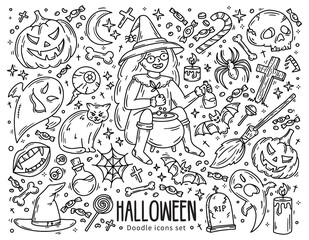 Halloween set of vector icons in doodle cartoon style. A witch girl with a pot cooks potions, pumpkins and ghosts. Sketch linear magic elements on a white background.