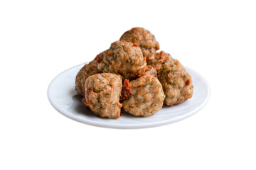 Chicken kofta meatballs mixed with ingredients of onions, garlic fresh herbs and spices mixture on white background