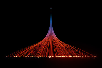 3d render illustration of connected lines. Data analysis concept. Blue orange wires. Single point to many. - 454373194