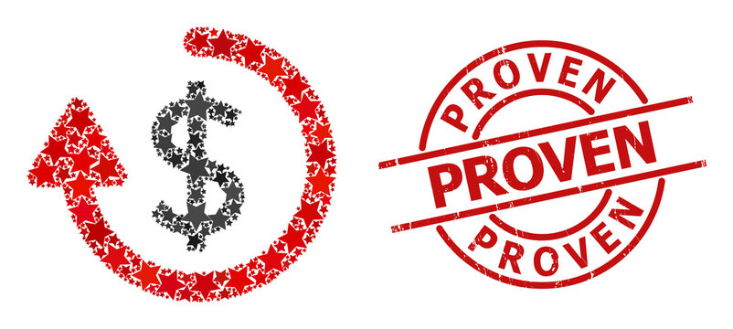 Refund star mosaic and grunge Proven stamp. Red seal with unclean style and Proven text inside circle. Abstract refund mosaic is combined with random flat star parts.