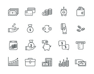 Thin line icons set of money or finance vector, Money, credit card, coins, piggy, wallet, hand with coin, money bag, exchange and more. Pixel perfect.