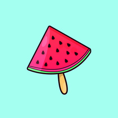 Illustration of a piece of juicy watermelon on a stick in summer colors