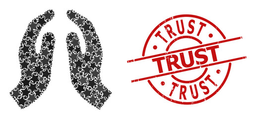 Pray hands star pattern and grunge Trust stamp. Red stamp with rubber texture and Trust phrase inside circle. Abstract pray hands concept is designed with randomized flat star parts.