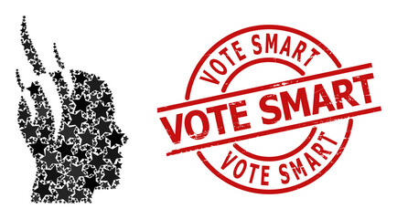 Brain steam star mosaic and grunge Vote Smart badge. Red seal with unclean style and Vote Smart phrase inside circle. Abstract brain steam mosaic is created with random flat star icons.
