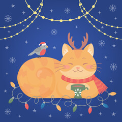 Design of a winter greeting card with cute cat, bird, garlands, snowflakes.