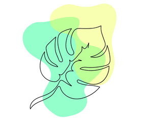 Vector illustration. Colored spots with a monster. Yellow and blue along with an unbreakable monstera leaf line. Image for design, posters, printing.