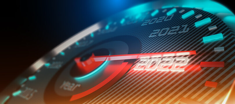 New year 2022 or start straight concept.Speedometer showing the year 2022.Concept of planning challenge,Start,business strategy, career path,opportunity,hope,new life change.3d render and illustration