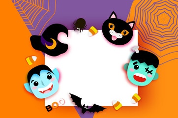 Happy Halloween. Monsters. Dracula and Black cat, Frankenstein. Funny spooky vampire. Trick or treat. Bat, witch hat, spider, web, candy, bones. Space for text Orange