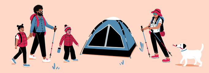 Interracial family camping trip. Mom dad boy and girl hike to campsite. Sleeping tent and hiking gear. Mixed race kids vacation with parents. Family dog holding stick on travel.