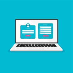 Registration form and login form page on laptop monitor. Vector template for your design. Website ui concept