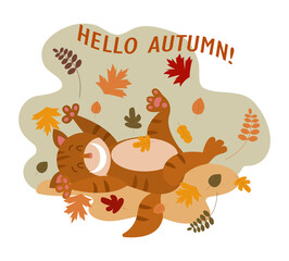 A cute tabby cat smiles and bathes in the autumn fallen leaves. Cute vector autumn illustration. Greeting cards, children's illustrations, postcards.
