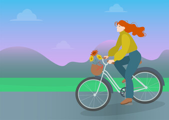 Obraz premium A cute girl with flying hair rides a bicycle. Active lifestyle concept, eco-friendly means of transportation. Vector illustration. 