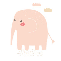 Cute Hand Drawn Nursery Vector Illustration with Pink Big Elephant. Lovely Childish Style Art with Pink Dreamy Elephant on a White Background ideal for Card, Poster, Wall Art. Baby Shower Print.