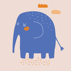 Cute Hand Drawn Nursery Vector Illustration with Blue Big Elephant. Lovely Childish Style Art with Blue Dreamy Elephant on a Blush Background ideal for Card, Poster, Wall Art. Baby Shower Print.