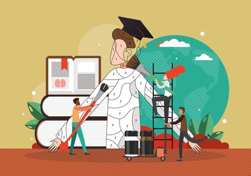 People painting student in graduation hat by numbers, vector illustration. Education. Personal growth and development.