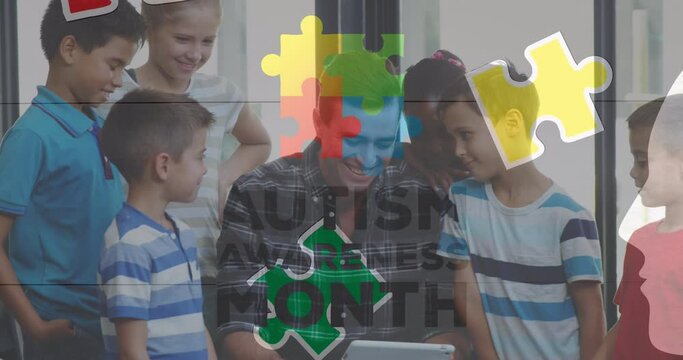 Animation of colourful puzzle pieces and autism text over kids and man using electronic devices - Powered by Adobe