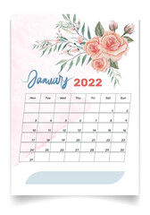 Beautiful Watercolor Floral 2022 Calendar Design Template for Print and stationery Design