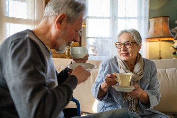 Mature man with disability in wheelchair having fun with wife. Family senior couple love concept