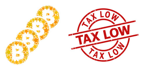 Bitcoin coin blockchain star pattern and grunge Tax Low seal stamp. Red imprint with grunge surface and Tax Low tag inside circle.