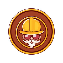 Worker man icon with orange helmet and beard isolated on white background. 1 may Labor day icon or sign with funky man