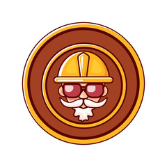 Worker man icon with orange helmet and beard isolated on white background. 1 may Labor day icon or sign with funky man
