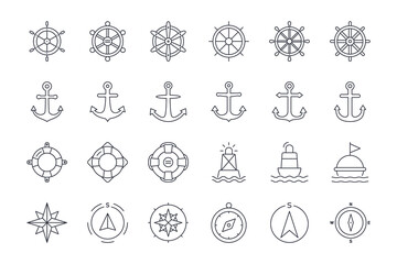 Vector icons of ship steering wheel, anchor, lifebuoy and buoy, compass, wind pose. Editable stroke. Set of linear nautical icon - obrazy, fototapety, plakaty