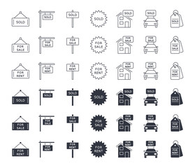 Vector icon sold, for sale, for rent. Editable stroke. Set of linear and silhouette icons. Sale sign of car, real estate, land. Stock illustration