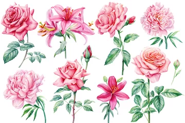 Plexiglas foto achterwand Beautiful flowers on isolated white background, watercolor botanical illustration, roses, lilies and peonies © Hanna
