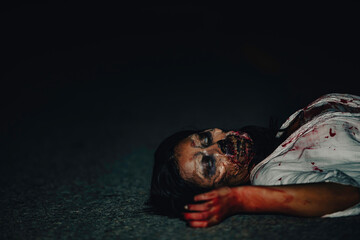 Portrait of asian woman make up ghost face,Horror scene,Scary background,Halloween poster