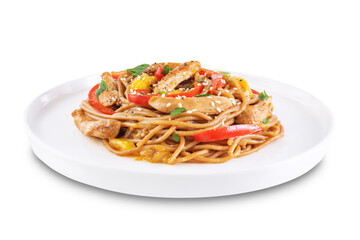 Buckwheat pasta with chicken, mango and red pepper in a plate on a white isolated background