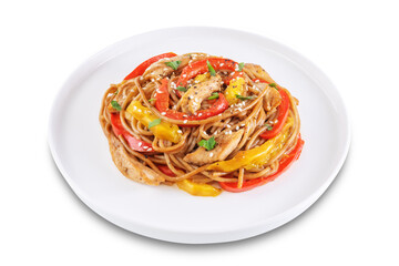 Buckwheat pasta with chicken, mango and red pepper in a plate on a white isolated background