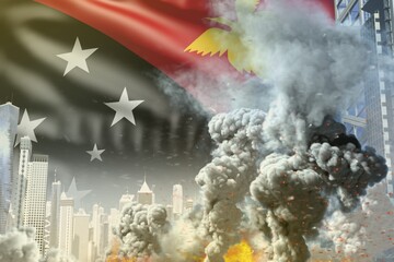 huge smoke pillar with fire in the modern city - concept of industrial disaster or terroristic act on Papua New Guinea flag background, industrial 3D illustration