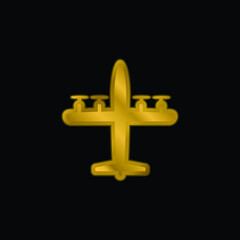 Airplane With Four Propellers gold plated metalic icon or logo vector