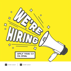 Square job vacancy design banner with megaphone illustration. Open recruitment design template. Business recruiting vector illustration with flat style.