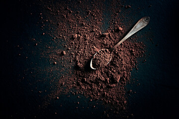 Natural cocoa powder on dark stone background. Top view. Copy space