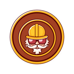 Worker man icon with orange helmet and beard isolated on white background. 1 may Labor day icon or sign with funky man