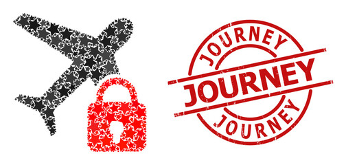 Locked airplane star mosaic and grunge Journey badge. Red stamp with grunge surface and Journey text inside circle. Abstract locked airplane mosaic is designed with random flat star parts.