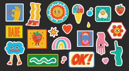 Hand drawn Vector illustrations of Set of Various patches, pins, stamps or stickers with abstract funny cute comic characters.