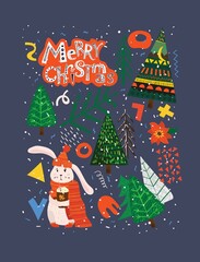 Vector hand drawing trendy abstract illustrations of holiday card of Merry Christmas and Happy New Year 2022 with christmas tree, winter forest and lettering.