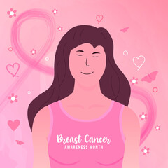 International day against breast cancer. Breast cancer awareness month October, Hand drawn flat portrait illustration Pink background