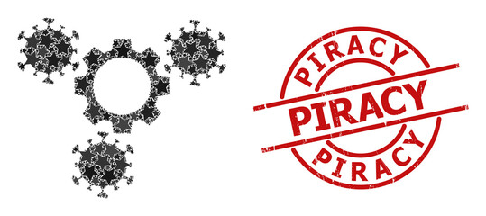 Virus gears star pattern and grunge Piracy stamp. Red stamp with grunge surface and Piracy text inside circle. Abstract virus gears concept is organized with random flat star parts.