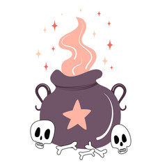 cute cartoon halloween vector illustration with cauldron and skulls
