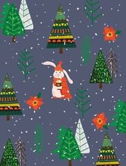 Vector hand drawing trendy abstract illustrations of holiday card of Merry Christmas and Happy New Year 2022 with christmas tree, winter forest and lettering.