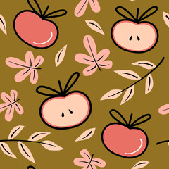 cute lovely autumn seamless vector pattern background illustration with fall leaves and apples