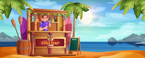 Summer beach with tiki bar and happy barman. Vector cartoon bartender with cocktails and wooden cafe on sandy sea coastline. Tropical ocean shore with palm trees. Hut bar with tribal masks and drinks. - obrazy, fototapety, plakaty