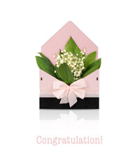 Pink box with silk bow and bouquet of lilies of the valley for gifts isolated on white background