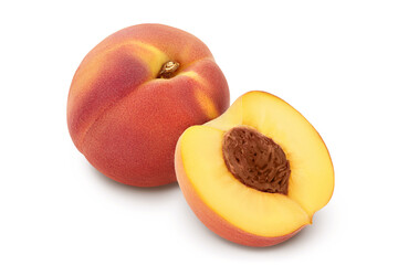 Ripe peach fruit and half isolated on white background with clipping path and full depth of field