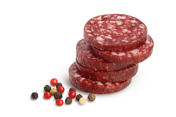 Smoked sausage salami slices isolated on white background with clipping path and full depth of field